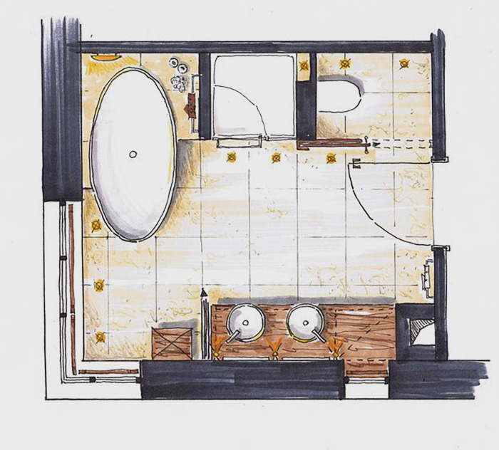 image_manager__BTM1_basskizze Das Bild zeigt einen Grundriss eines Badezimmers. In der oberen linken Ecke befindet sich eine ovale Badewanne. Rechts davon ist eine Dusche eingezeichnet, während sich in der Mitte eine Toilette und ein Waschbecken befinden. Unten sind zwei Waschbecken auf einer Holzablage angeordnet. Der Boden ist gefliest, mit hellen und dunklen Fliesen. Die Wände sind schlicht, und es gibt dekorative Elemente wie kleine Blumen oder Sterne.