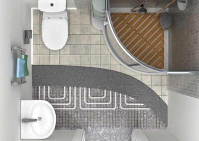 Ein modernes Badezimmer mit einer Fußbodenheizung und eleganten Fliesen in Grau- und Weißtönen.